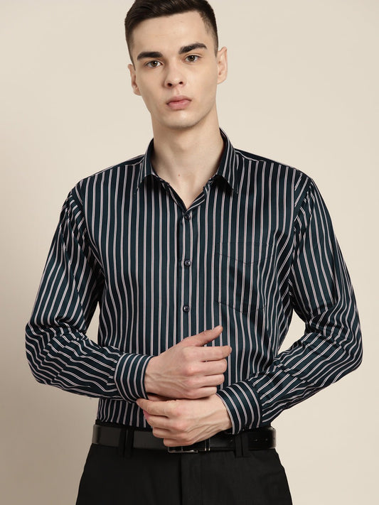 Men Navy & White Stripes Pure Cotton Slim fit Formal Shirt - #folk republic#