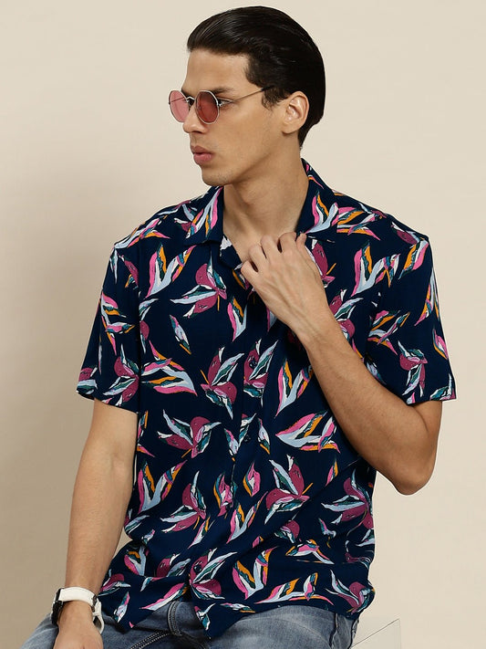 Men Navy & Yellow Printed Viscose Rayon Regular Fit Casual Shirt - #folk republic#