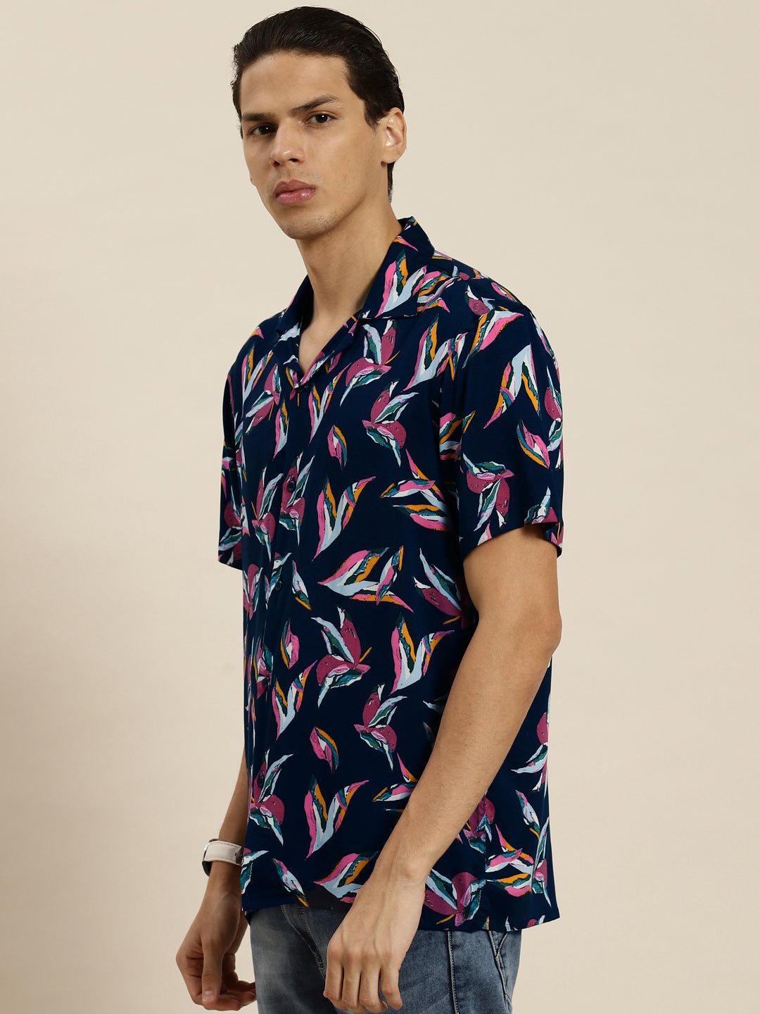 Men Navy & Yellow Printed Viscose Rayon Regular Fit Casual Shirt - #folk republic#