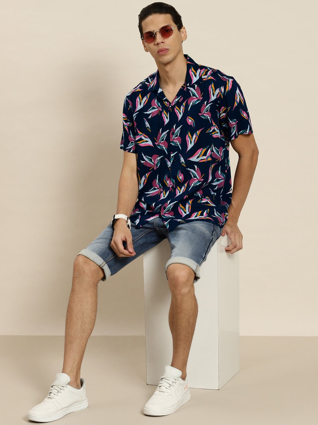 Men Navy & Yellow Printed Viscose Rayon Regular Fit Casual Shirt - #folk republic#