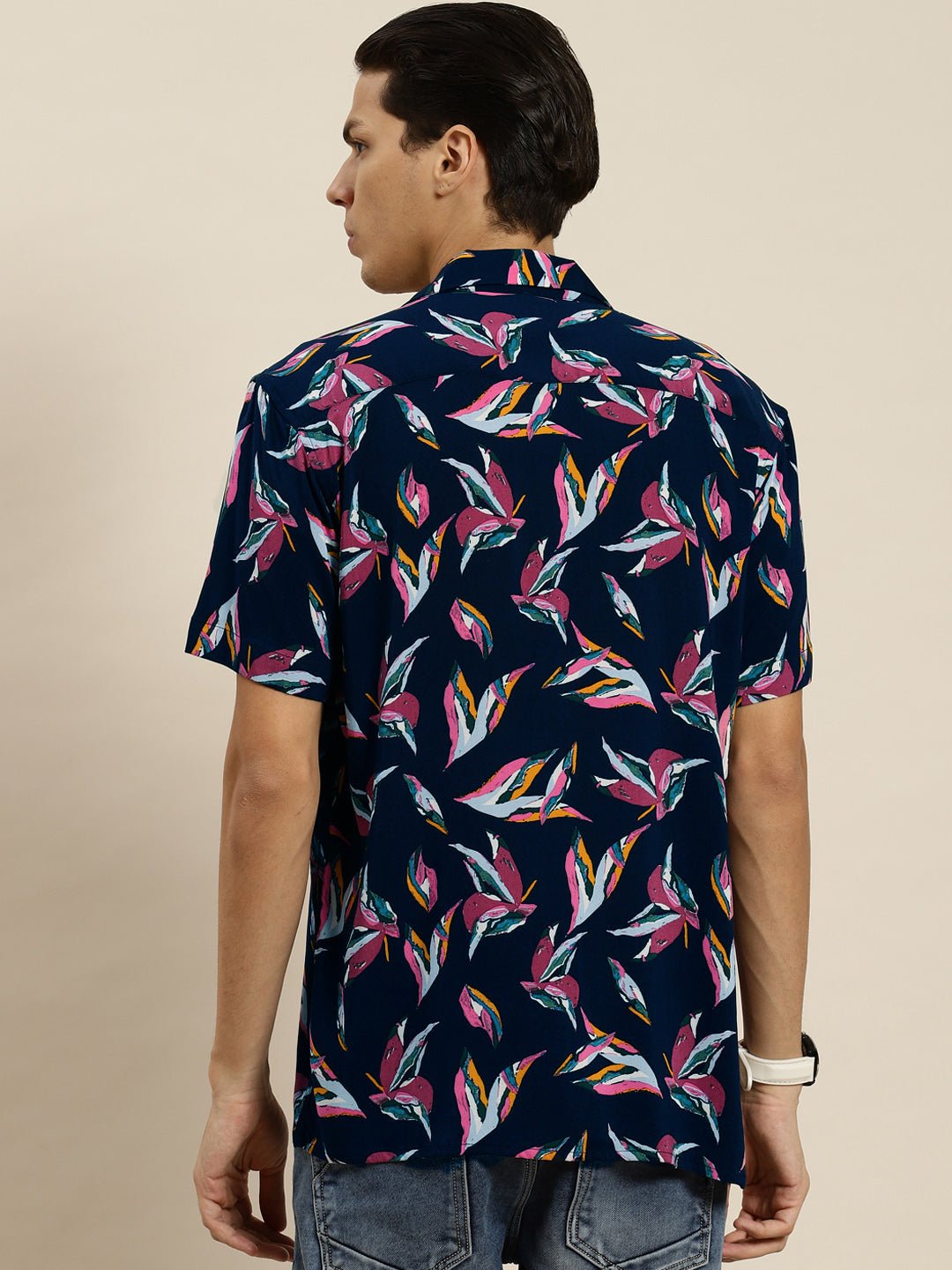 Men Navy & Yellow Printed Viscose Rayon Regular Fit Casual Shirt - #folk republic#