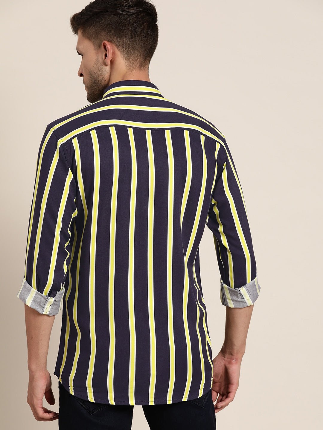 Men Navy & Yellow Striped Viscose Rayon Slim Fit Casual Shirt - #folk republic#