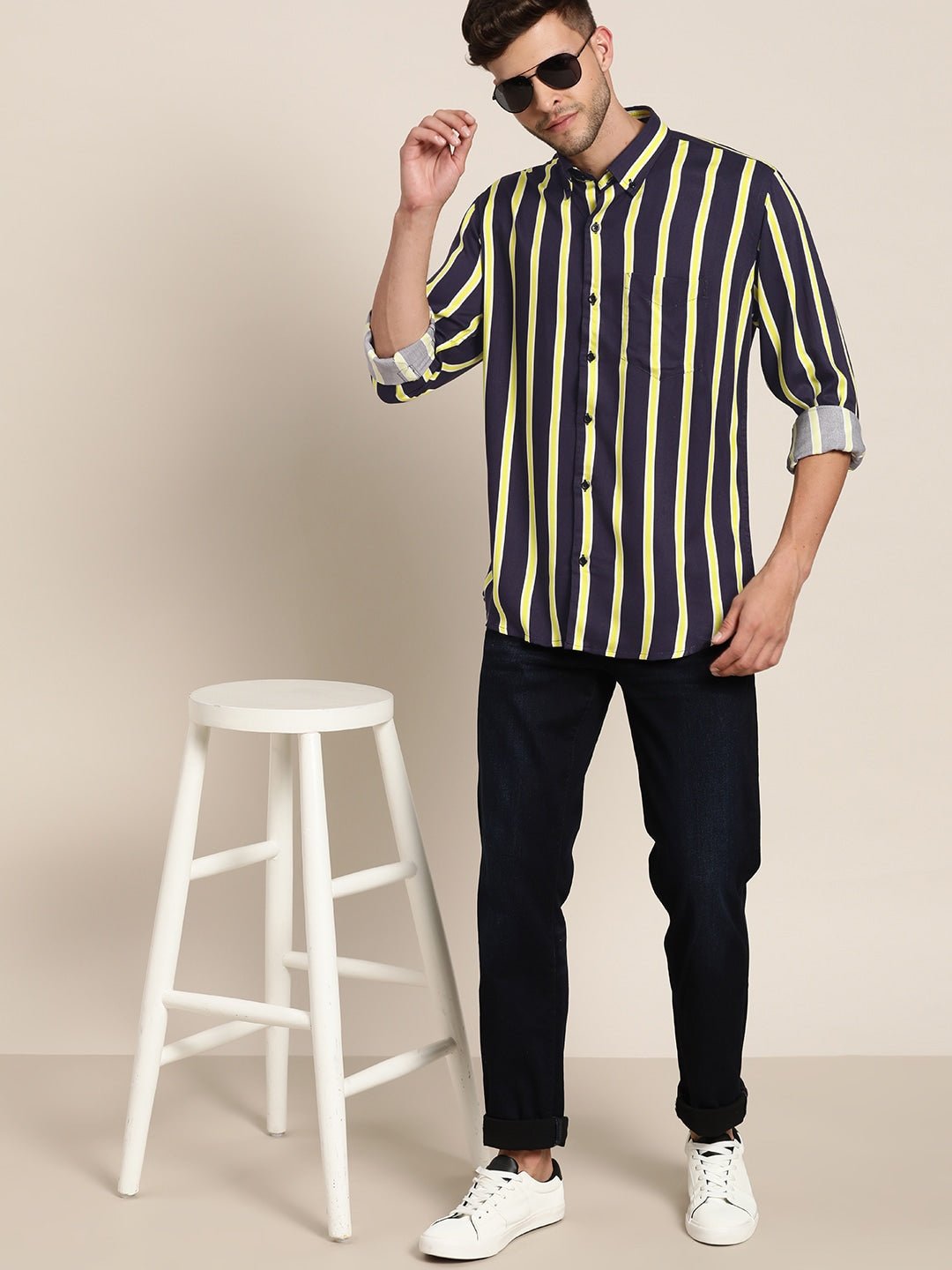 Men Navy & Yellow Striped Viscose Rayon Slim Fit Casual Shirt - #folk republic#
