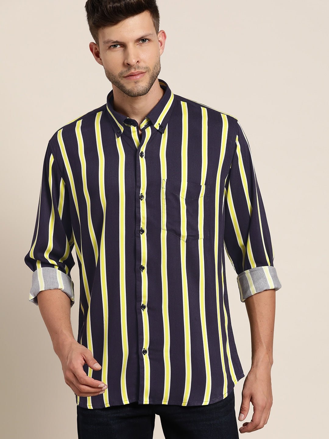 Men Navy & Yellow Striped Viscose Rayon Slim Fit Casual Shirt - #folk republic#