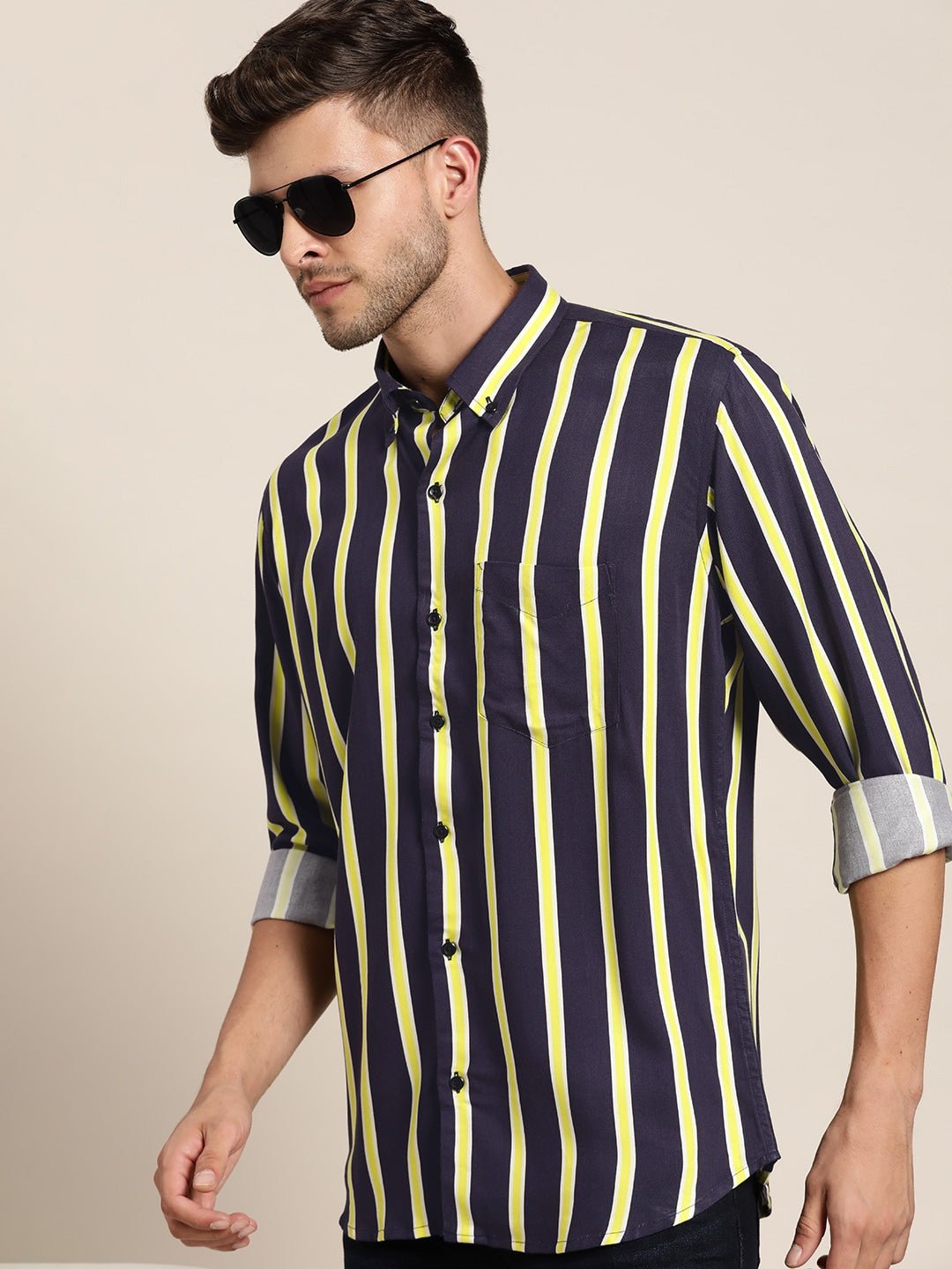 Men Navy & Yellow Striped Viscose Rayon Slim Fit Casual Shirt - #folk republic#