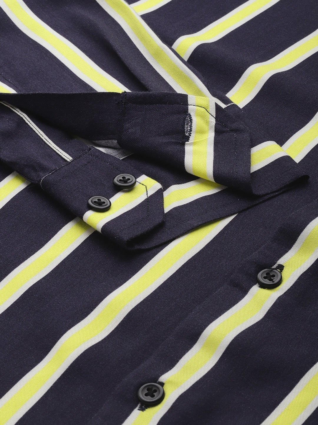 Men Navy & Yellow Striped Viscose Rayon Slim Fit Casual Shirt - #folk republic#