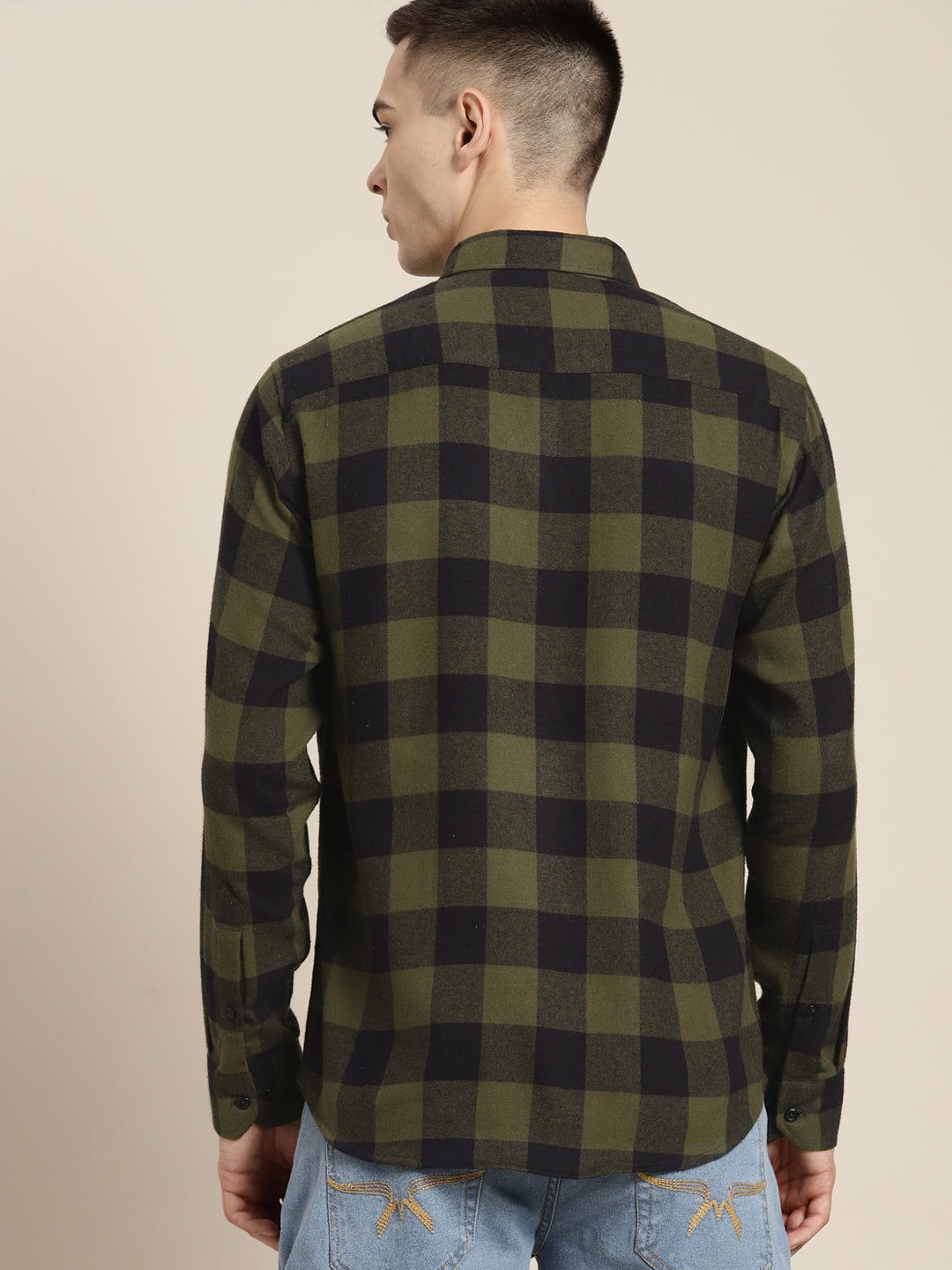 Men Olive & Black Checks Pure Cotton Slim fit Casual Shirt - #folk republic#