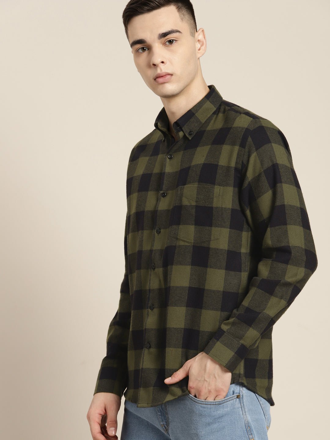 Men Olive & Black Checks Pure Cotton Slim fit Casual Shirt - #folk republic#