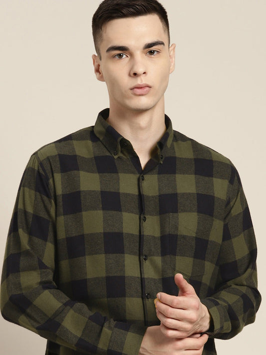 Men Olive & Black Checks Pure Cotton Slim fit Casual Shirt - #folk republic#