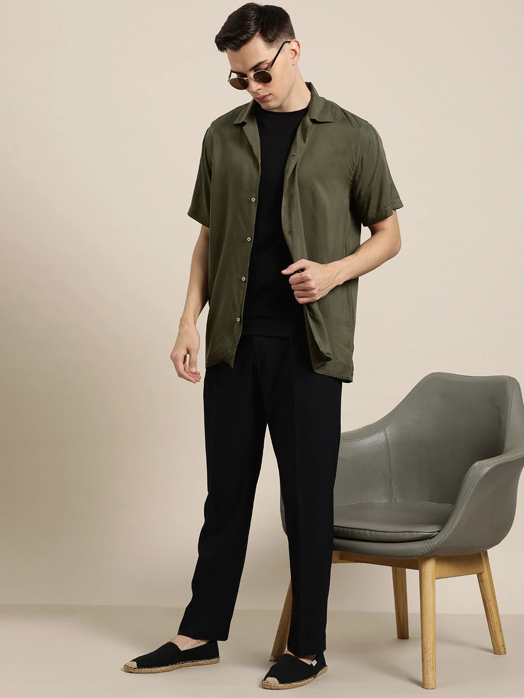 Men Olive Solid Viscose Rayon Relaxed Fit Casual Resort Shirt - #folk republic#