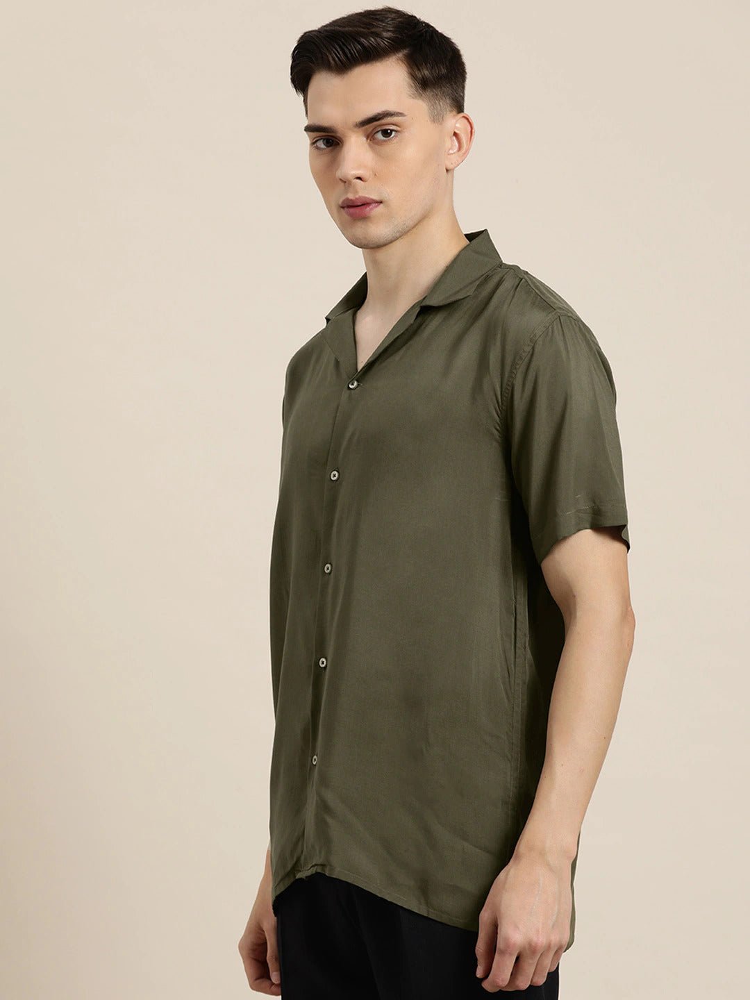 Men Olive Solid Viscose Rayon Relaxed Fit Casual Resort Shirt - #folk republic#