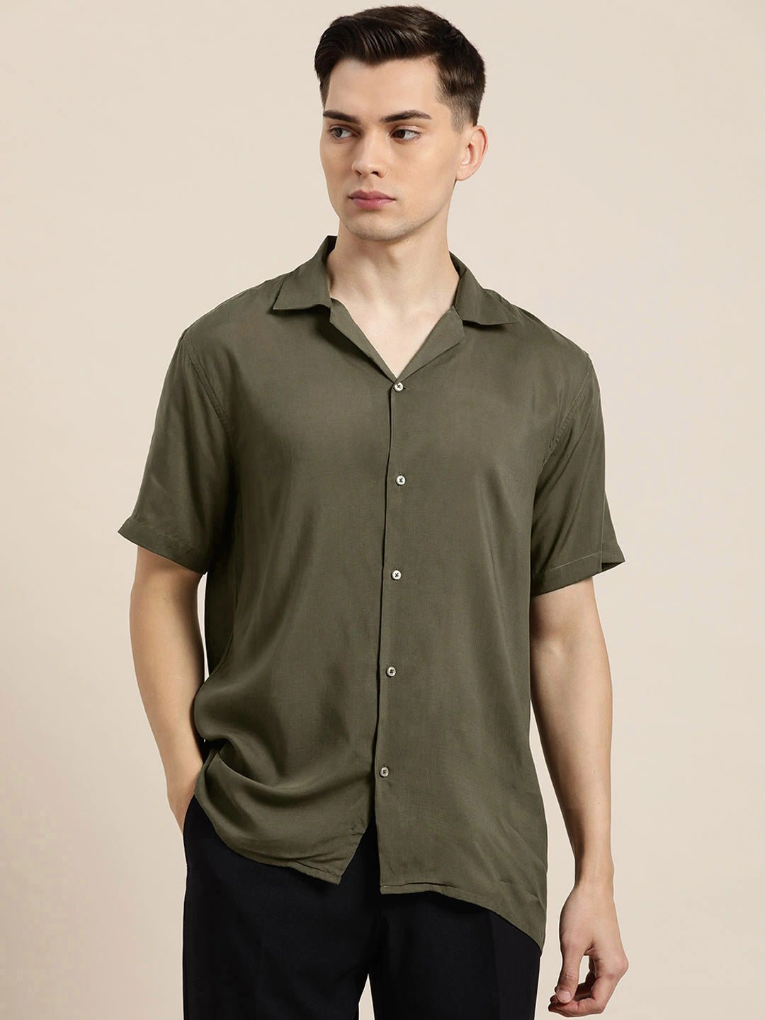 Men Olive Solid Viscose Rayon Relaxed Fit Casual Resort Shirt - #folk republic#