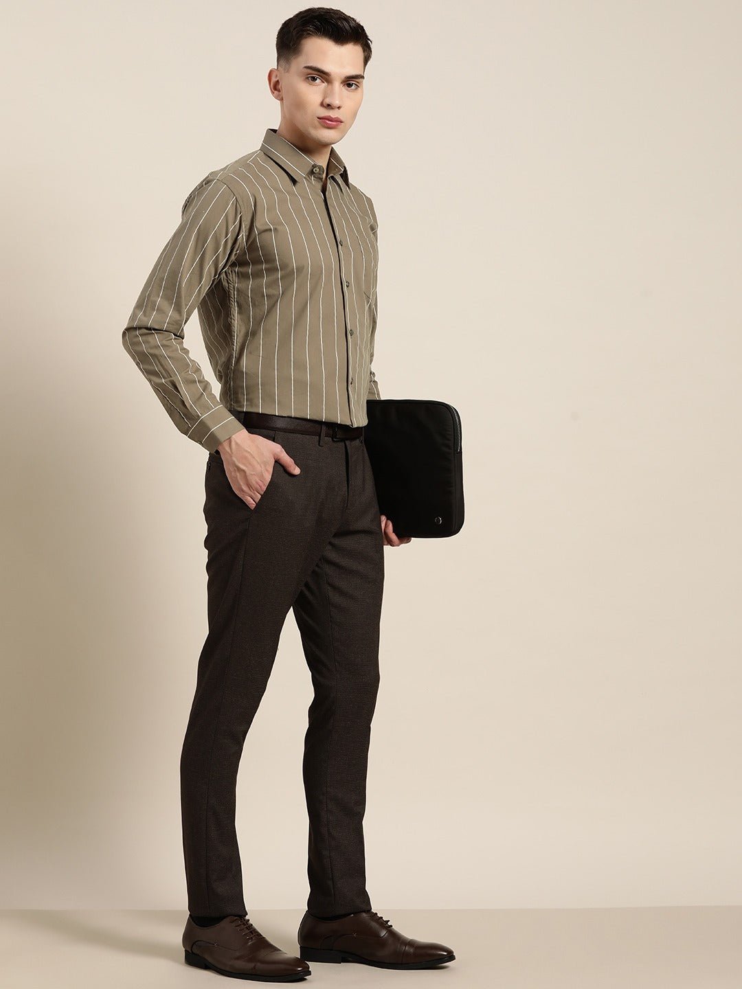 Men Olive Stripes Pure Cotton Slim Fit Formal Shirt - #folk republic#