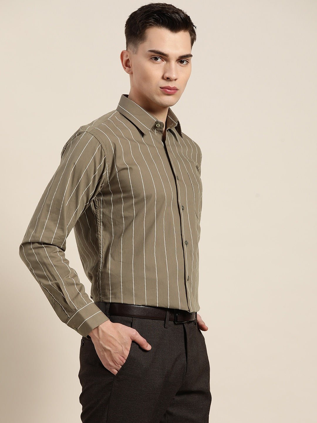 Men Olive Stripes Pure Cotton Slim Fit Formal Shirt - #folk republic#