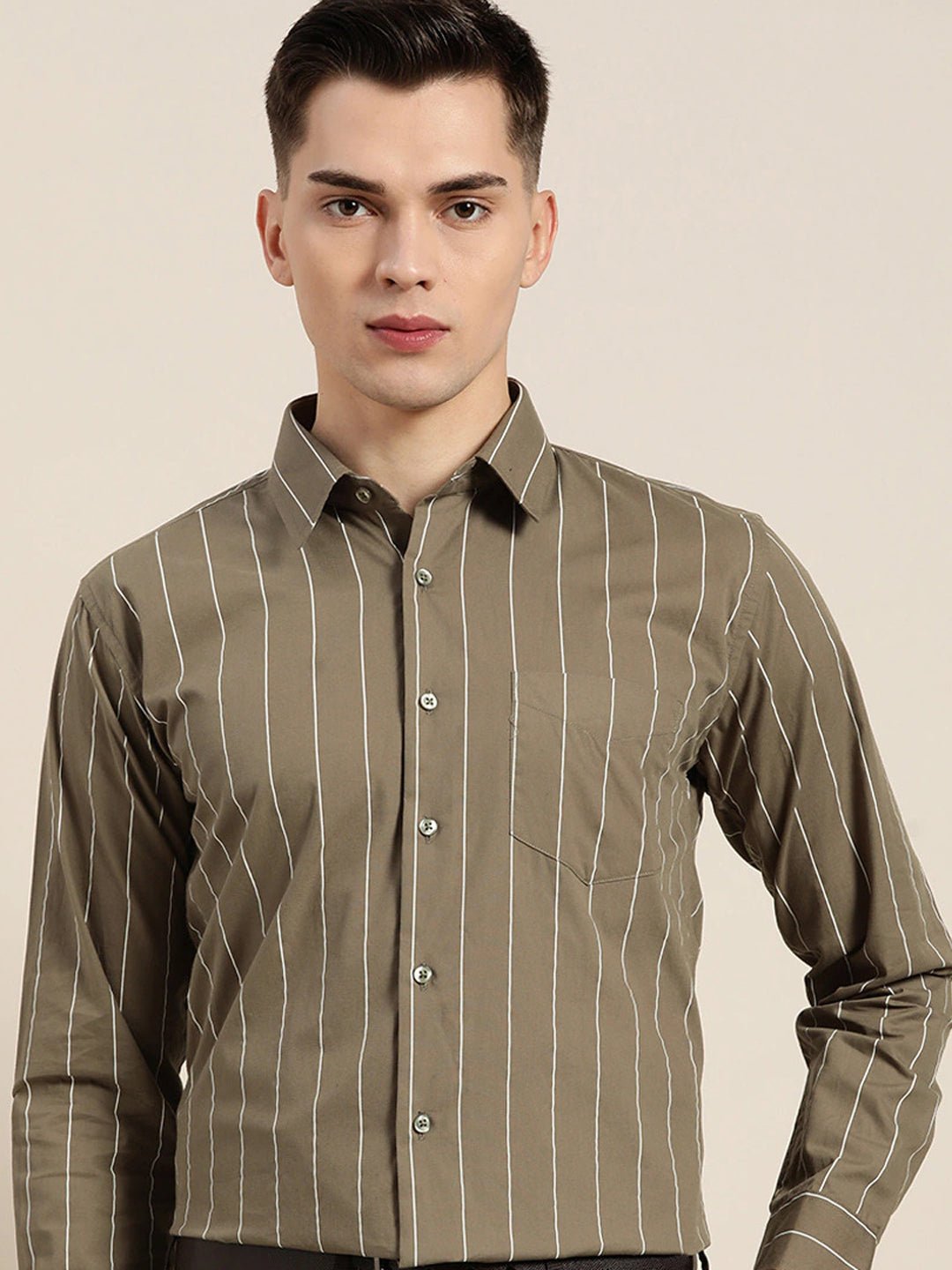 Men Olive Stripes Pure Cotton Slim Fit Formal Shirt - #folk republic#