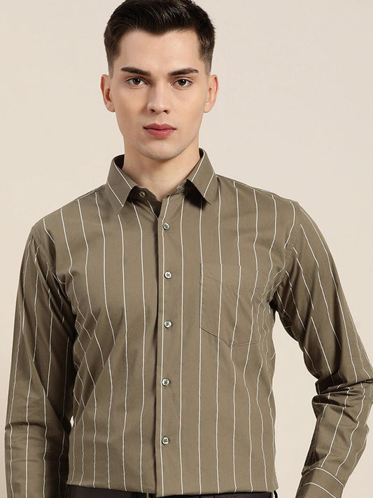 Men Olive Stripes Pure Cotton Slim Fit Formal Shirt - #folk republic#