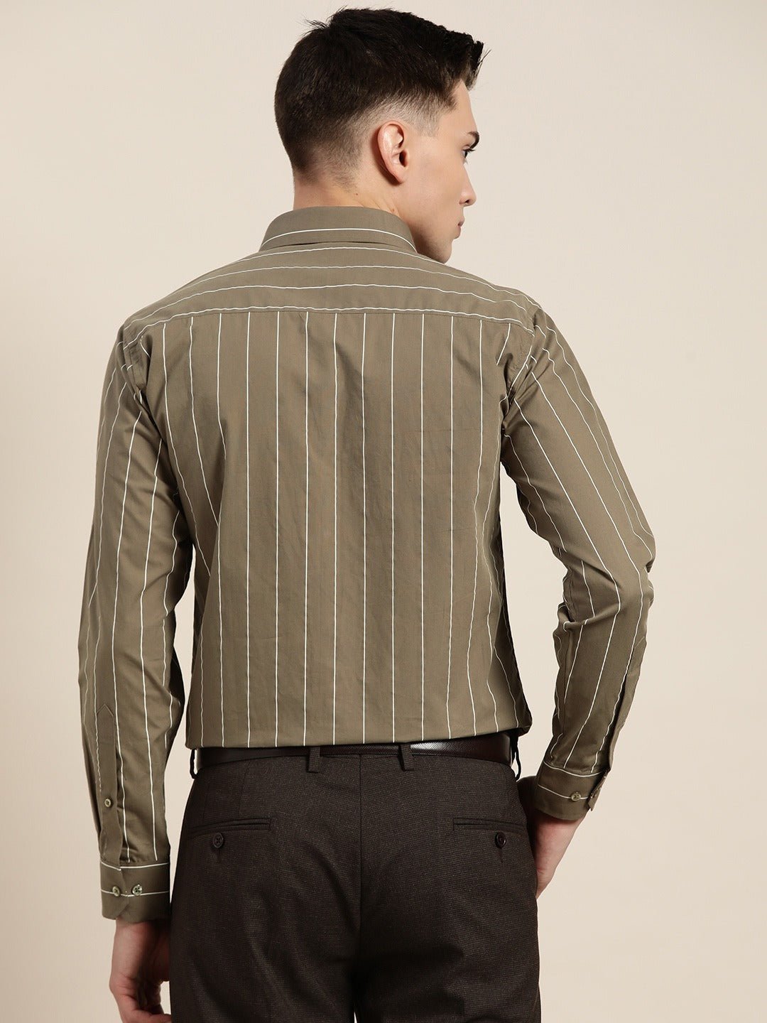 Men Olive Stripes Pure Cotton Slim Fit Formal Shirt - #folk republic#
