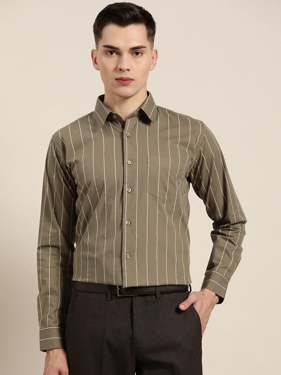 Men Olive Stripes Pure Cotton Slim Fit Formal Shirt - #folk republic#