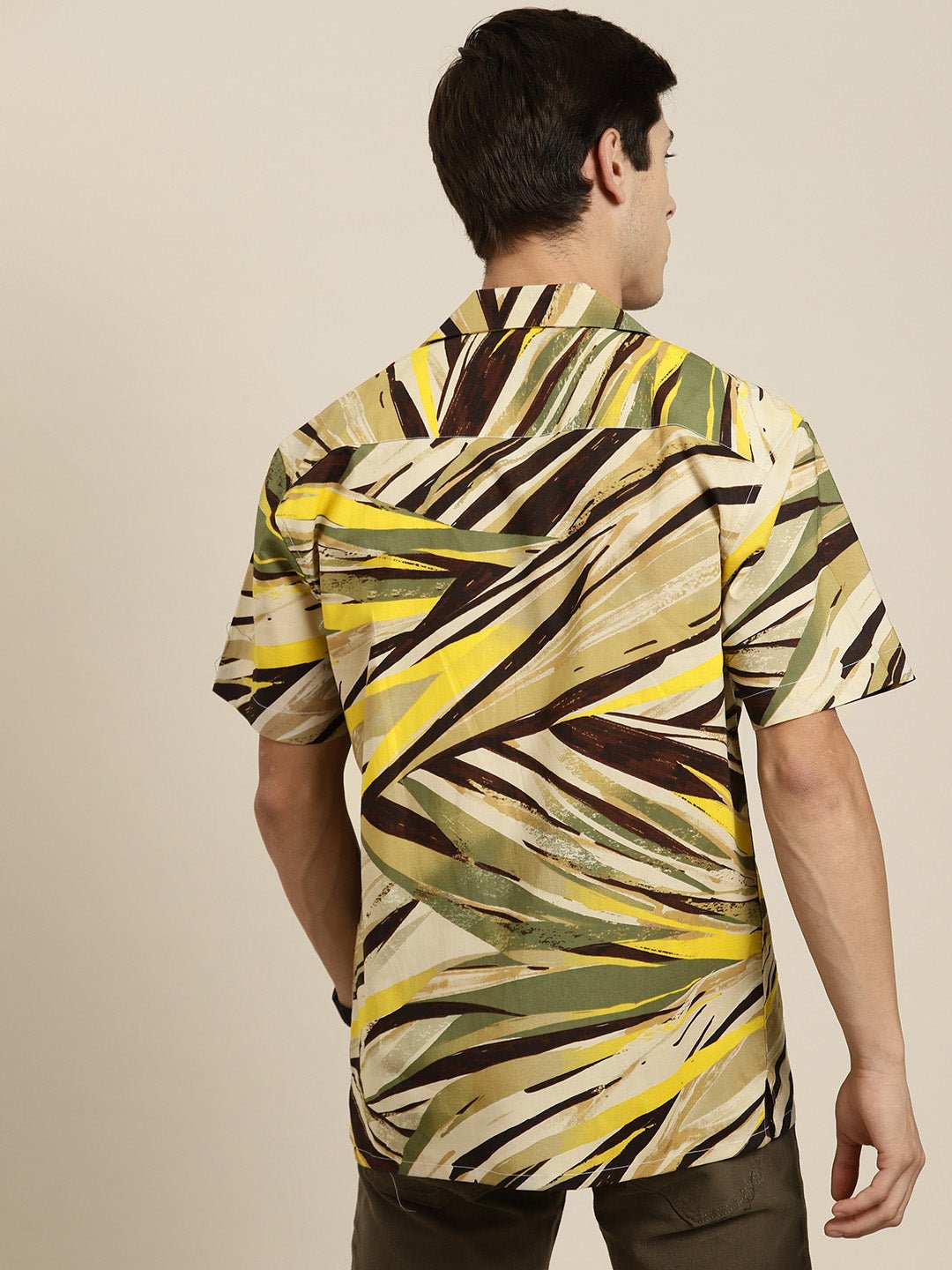 Men Olive&Beige Print Pure Cotton Relaxed Fit Casual Resort Shirt - #folk republic#