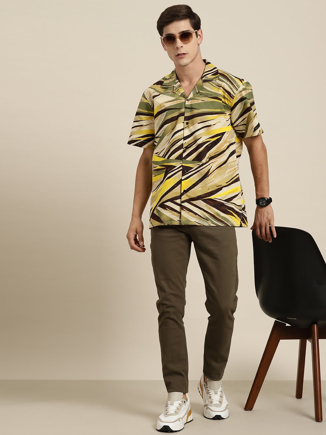 Men Olive&Beige Print Pure Cotton Relaxed Fit Casual Resort Shirt - #folk republic#
