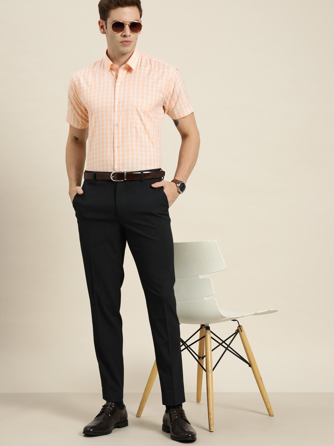 Men Orange Checks Cotton Rich Slim Fit Formal Shirt - #folk republic#