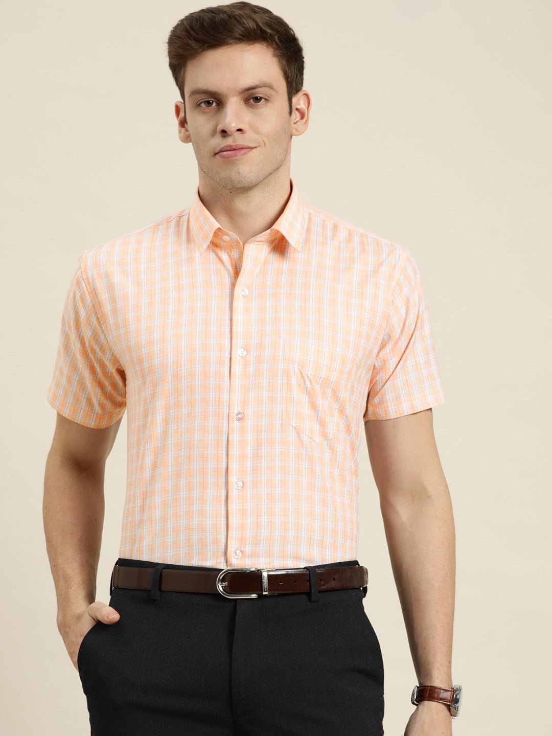 Men Orange Checks Cotton Rich Slim Fit Formal Shirt - #folk republic#