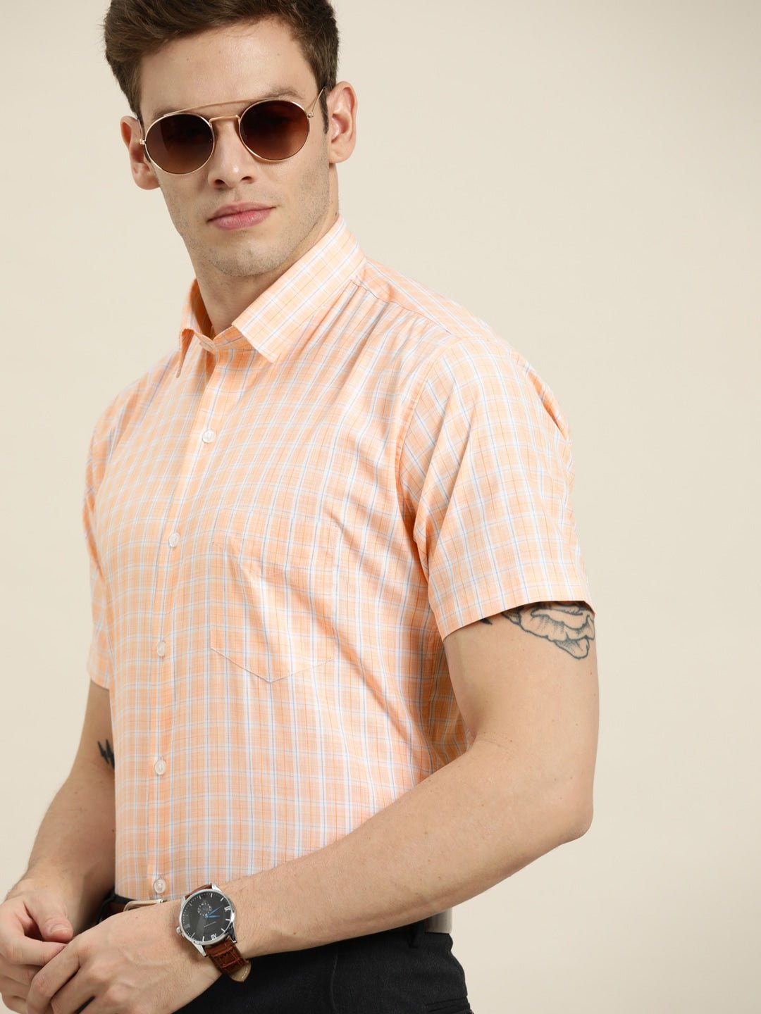 Men Orange Checks Cotton Rich Slim Fit Formal Shirt - #folk republic#