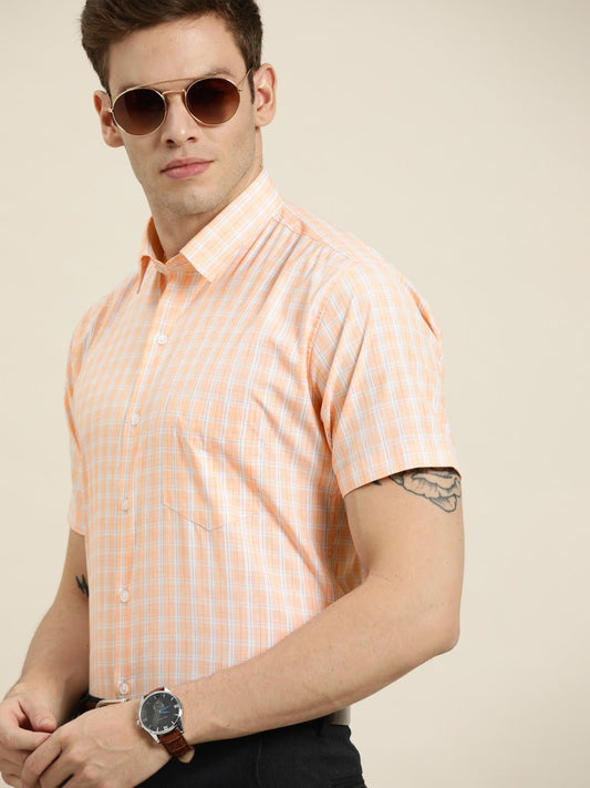 Men Orange Checks Cotton Rich Slim Fit Formal Shirt - #folk republic#