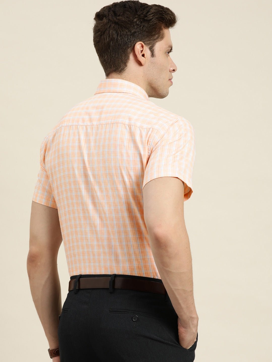 Men Orange Checks Cotton Rich Slim Fit Formal Shirt - #folk republic#