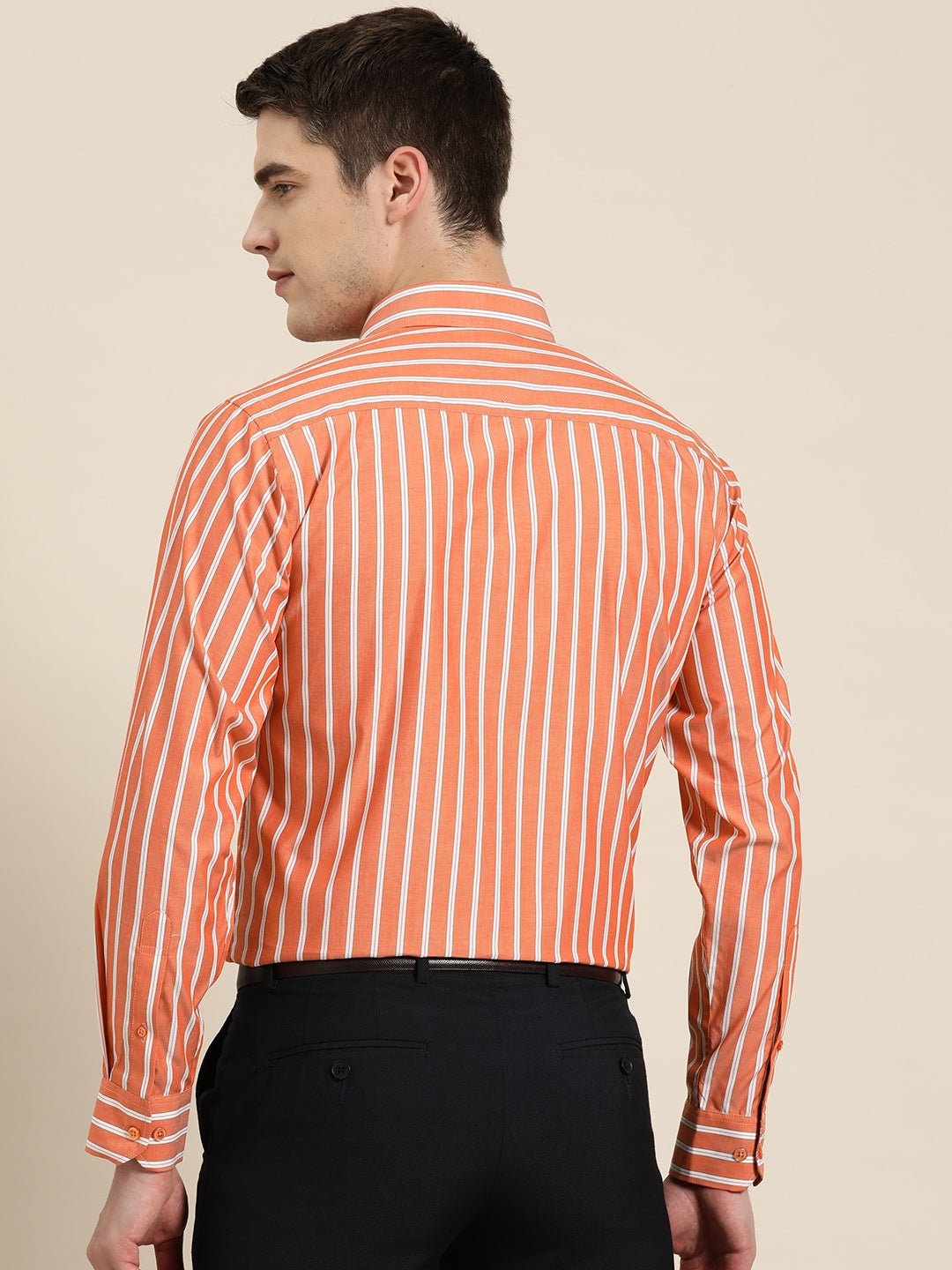 Men Orange Stripes Pure Cotton Slim fit Formal Shirt - #folk republic#