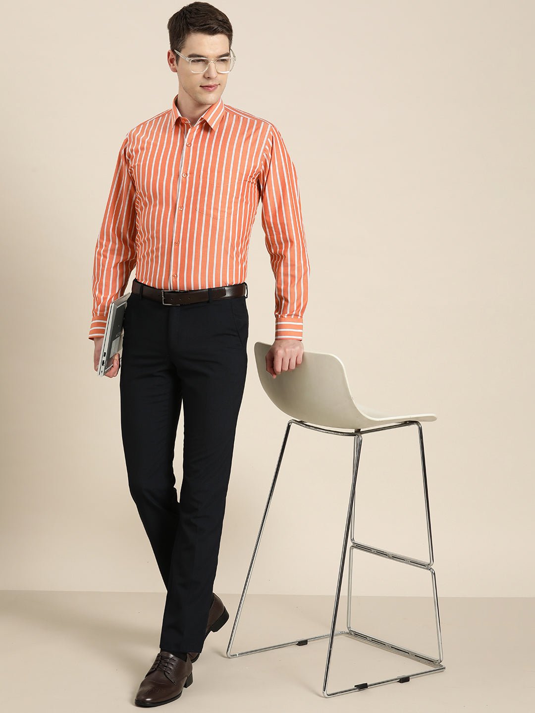 Men Orange Stripes Pure Cotton Slim fit Formal Shirt - #folk republic#
