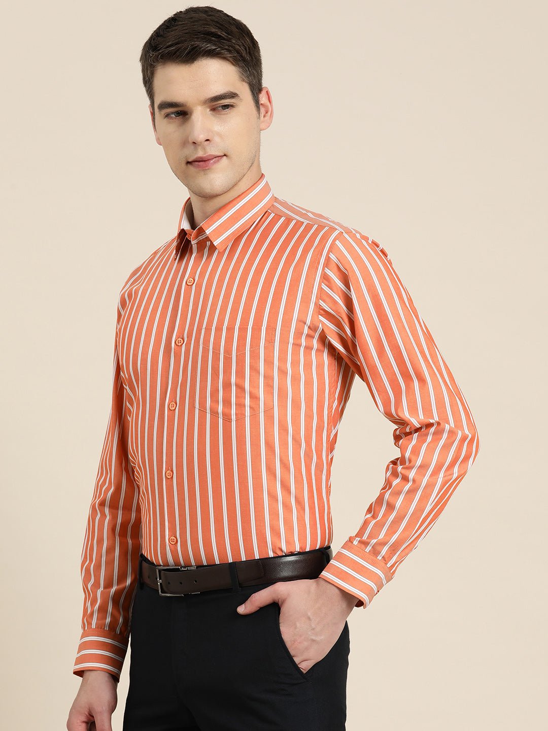 Men Orange Stripes Pure Cotton Slim fit Formal Shirt - #folk republic#
