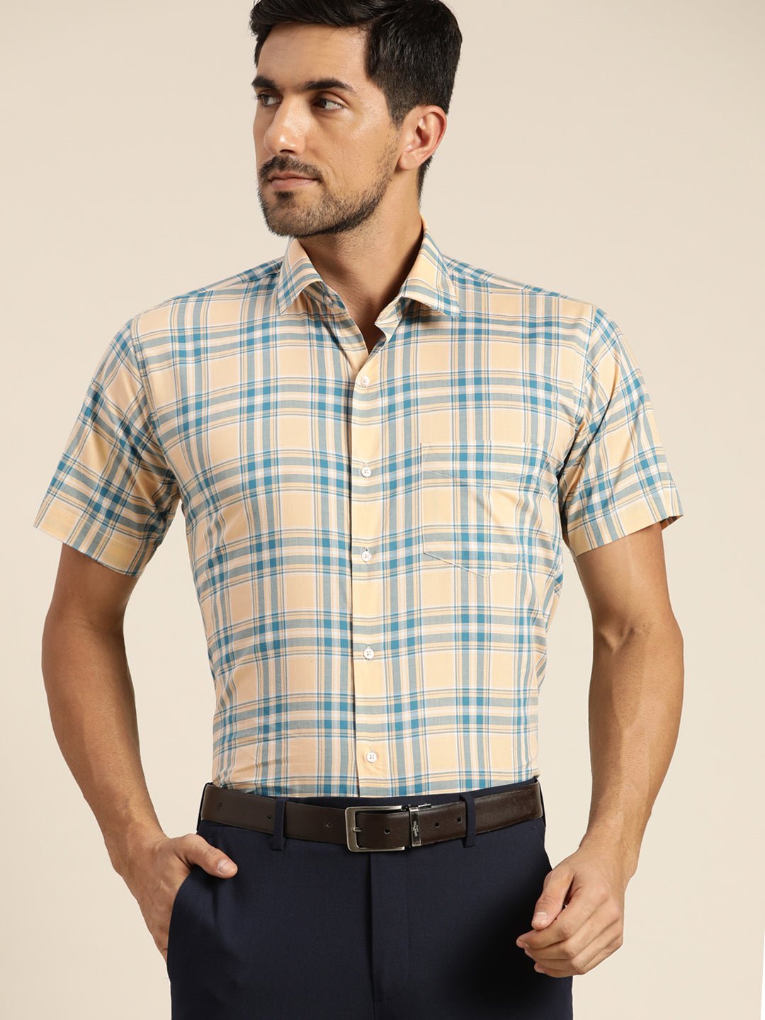 Men Peach & Blue Checked Pure Cotton Slim Fit Formal Shirt - #folk republic#