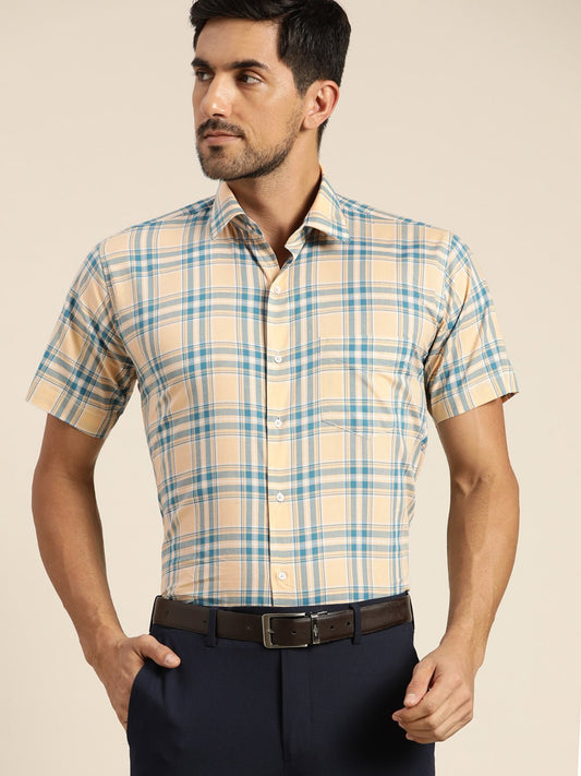 Men Peach & Blue Checked Pure Cotton Slim Fit Formal Shirt - #folk republic#