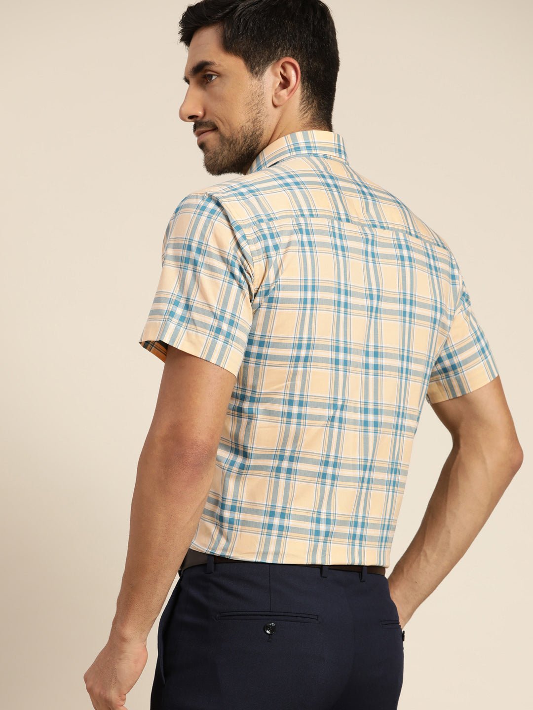 Men Peach & Blue Checked Pure Cotton Slim Fit Formal Shirt - #folk republic#