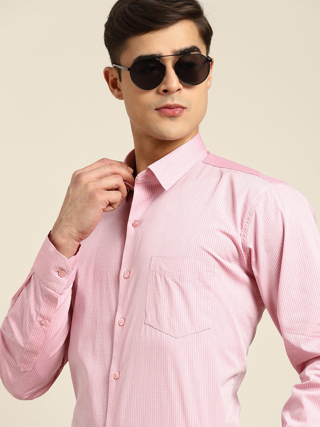 Men Pink Checks Pure Cotton Slim fit Formal Shirt - #folk republic#