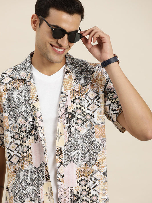 Men Pink & Multi Print Viscose Rayon Relaxed Fit Casual Resort Shirt - #folk republic#
