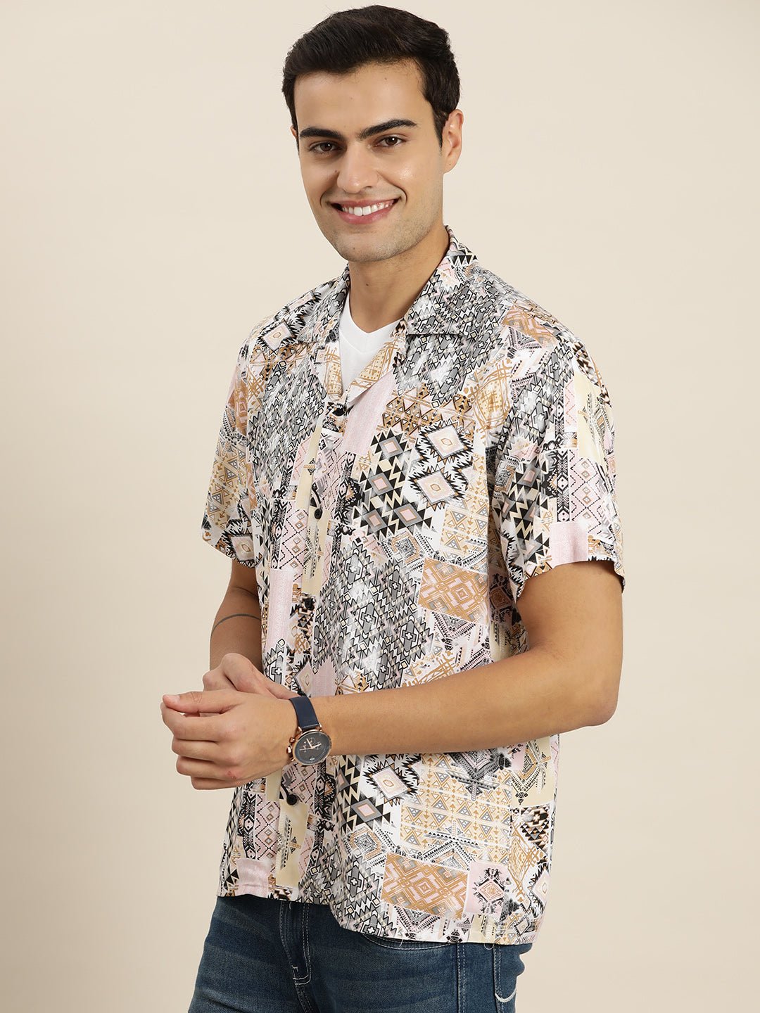 Men Pink & Multi Print Viscose Rayon Relaxed Fit Casual Resort Shirt - #folk republic#