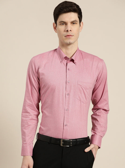 Men Pink Solid Chambray Button Down Collar Slim Fit Formal Shirt - #folk republic#