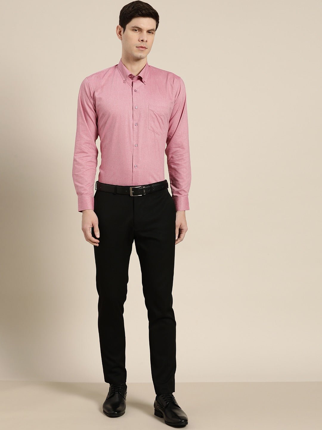 Men Pink Solid Chambray Button Down Collar Slim Fit Formal Shirt - #folk republic#