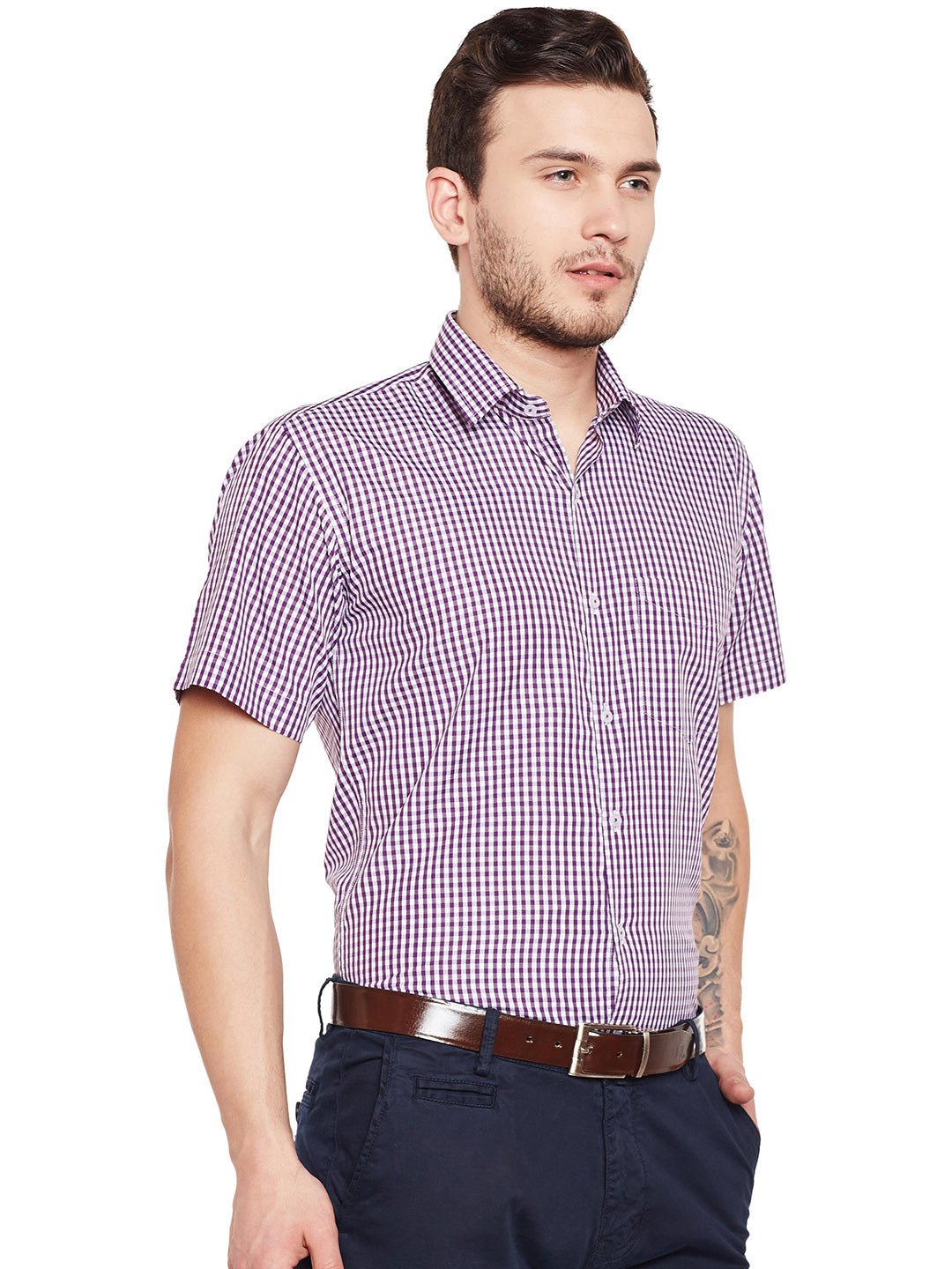Men Purple Checked Slim Fit Formal Shirt - #folk republic#