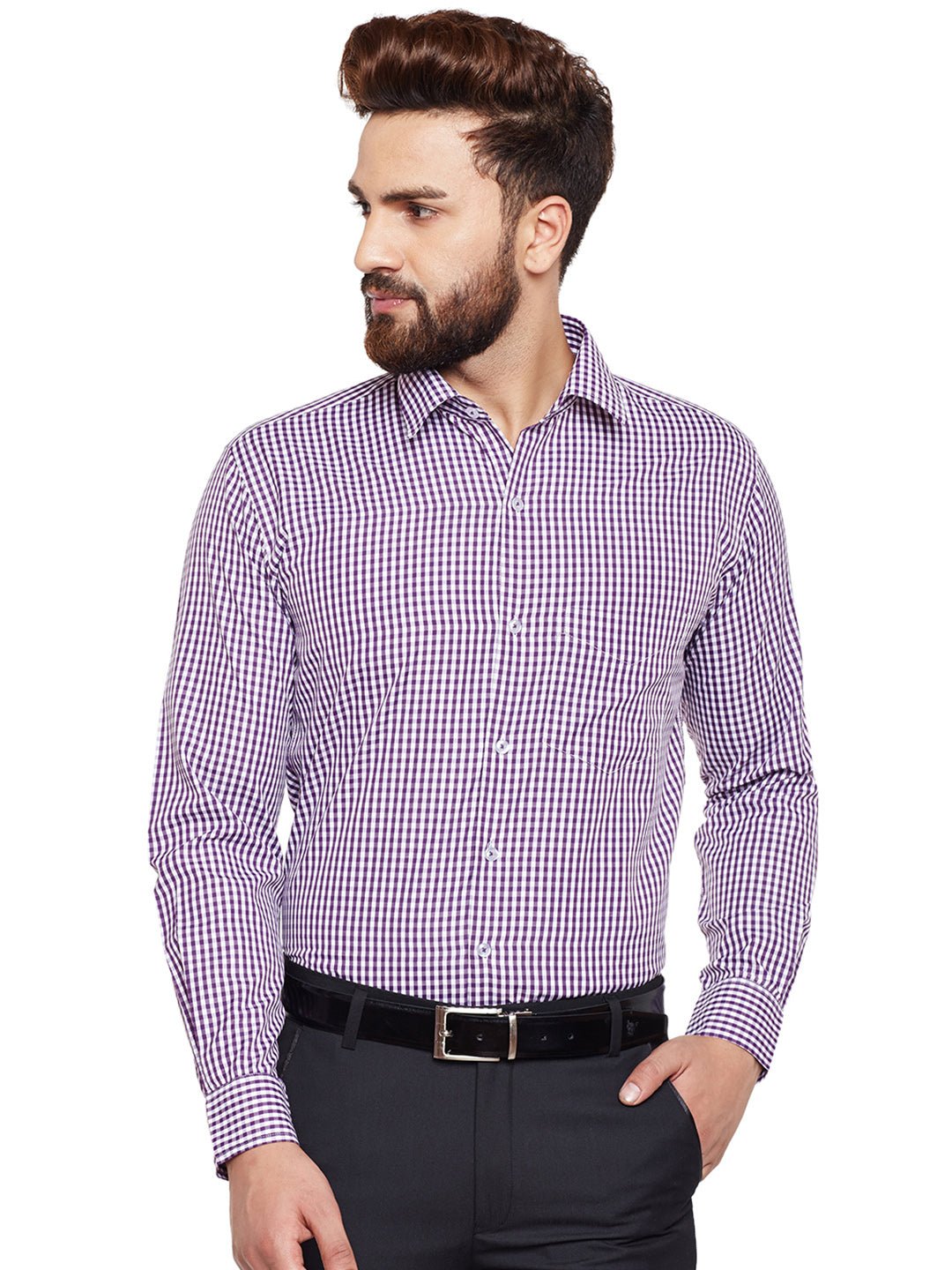 Men Purple Checked Slim Fit Formal Shirt - #folk republic#