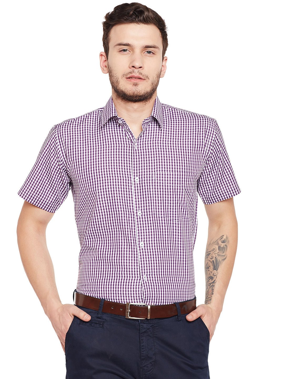 Men Purple Checked Slim Fit Formal Shirt - #folk republic#