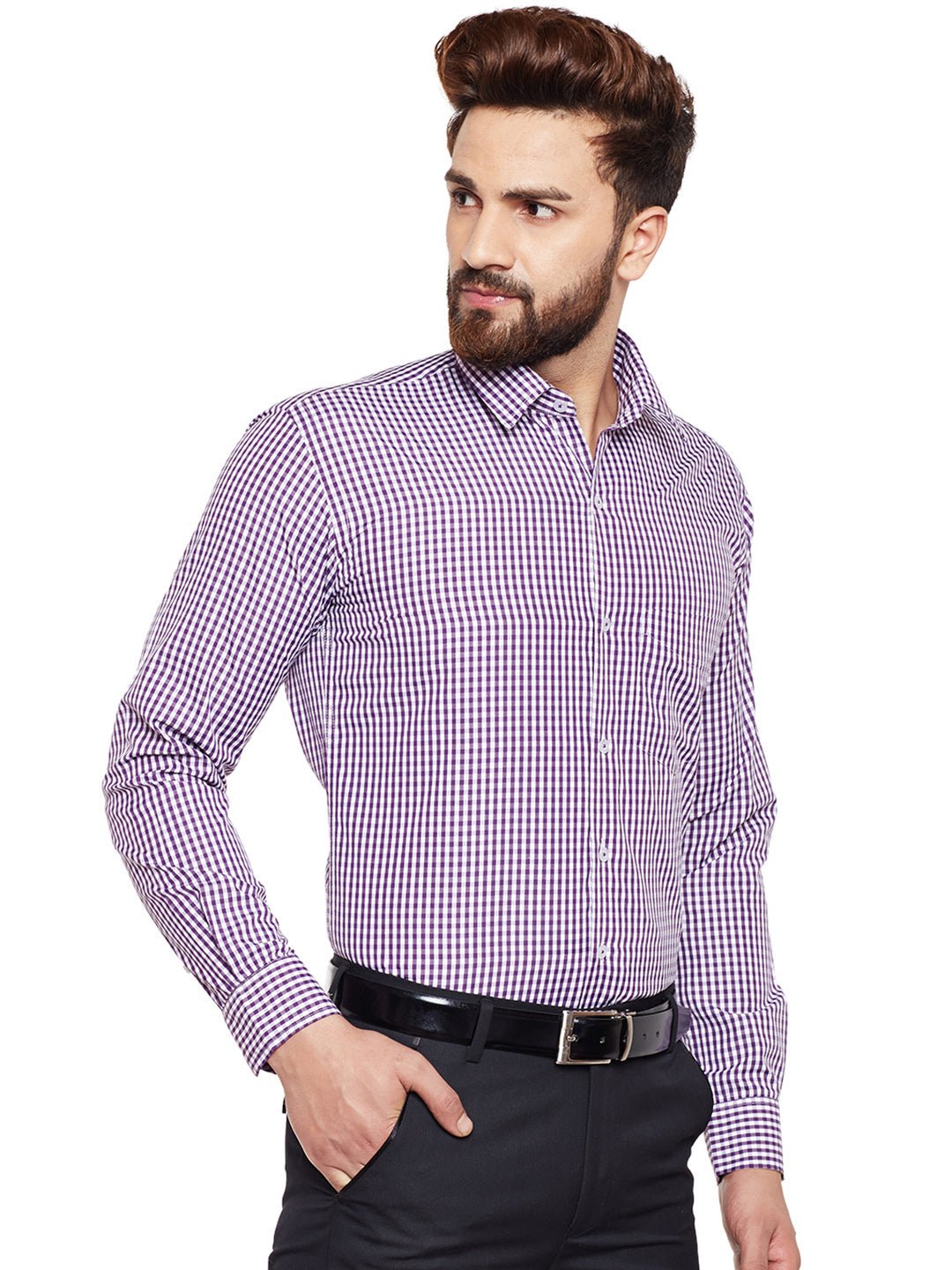 Men Purple Checked Slim Fit Formal Shirt - #folk republic#
