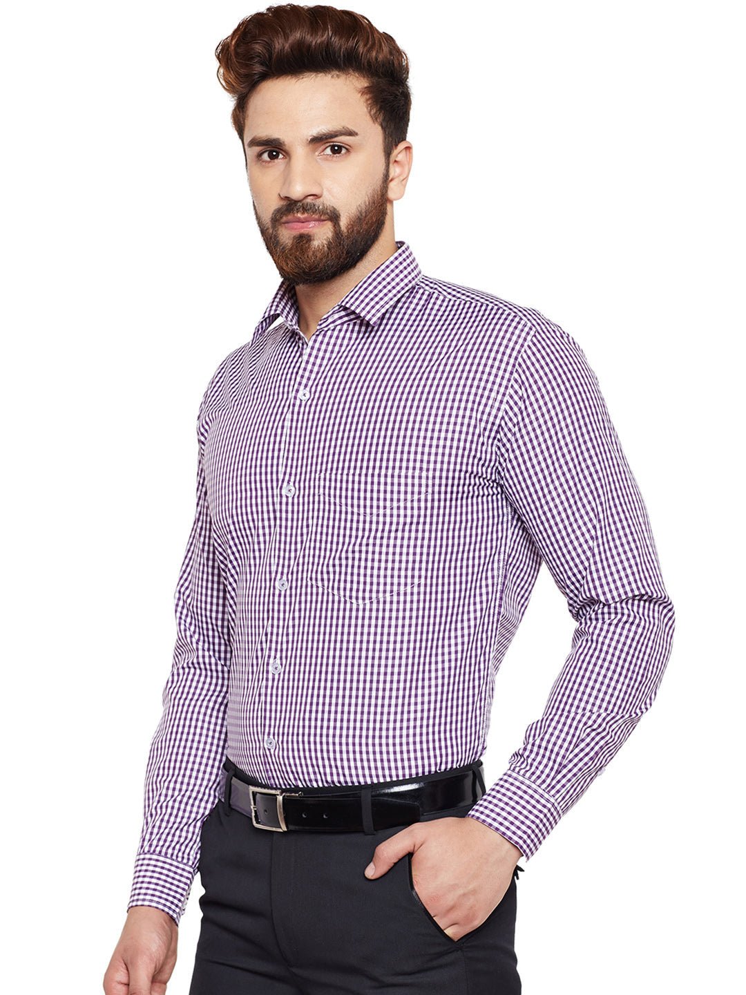 Men Purple Checked Slim Fit Formal Shirt - #folk republic#