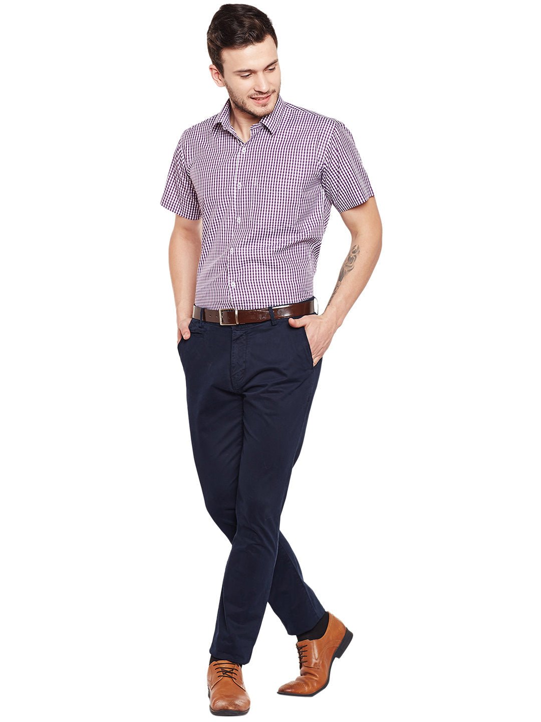 Men Purple Checked Slim Fit Formal Shirt - #folk republic#