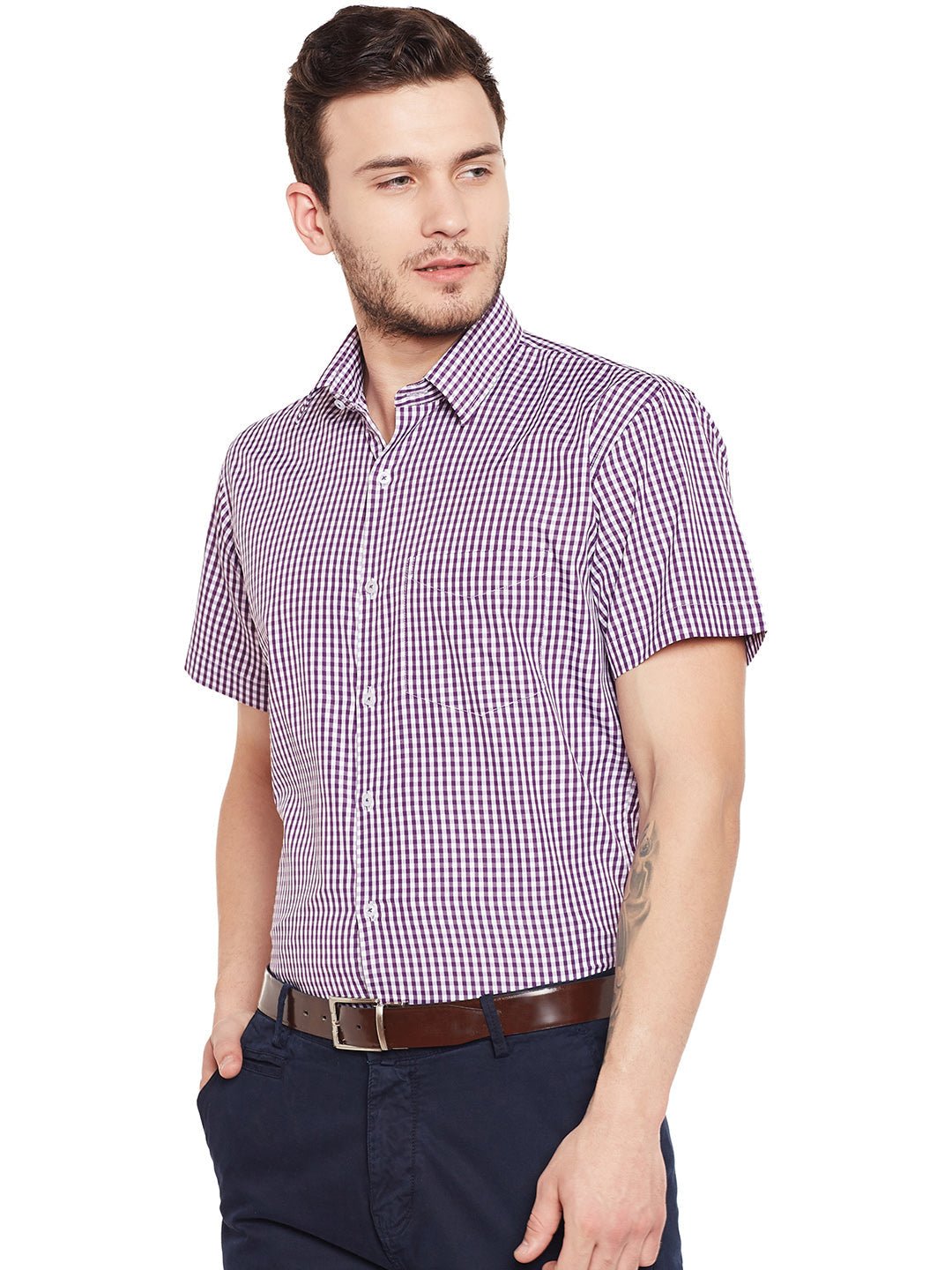 Men Purple Checked Slim Fit Formal Shirt - #folk republic#