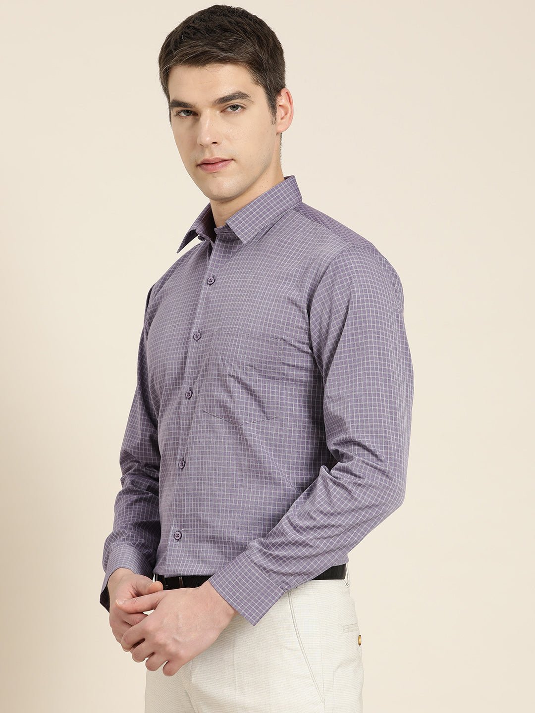 Men Purple Checks Pure Cotton Slim fit Formal Shirt - #folk republic#