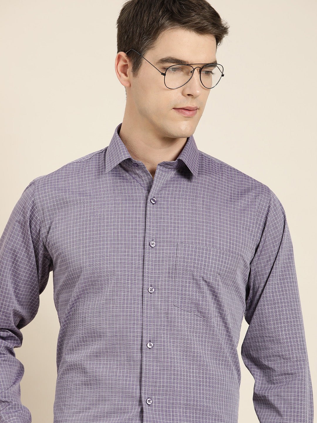 Men Purple Checks Pure Cotton Slim fit Formal Shirt - #folk republic#