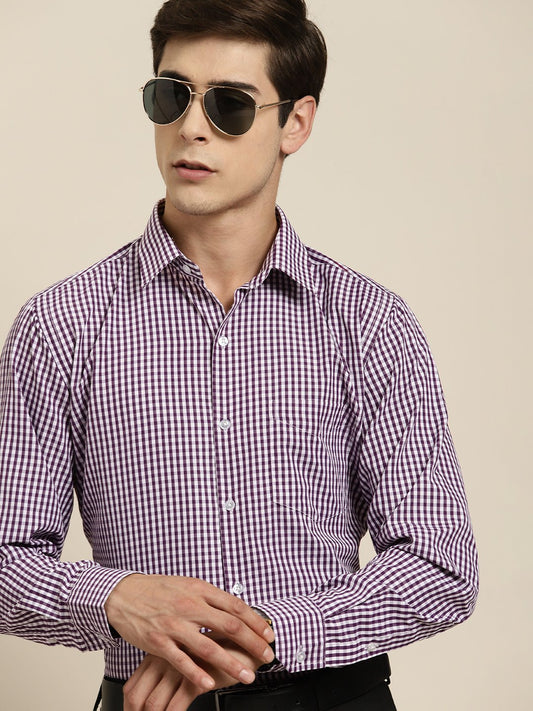 Men Purple Gingham Check Cotton Rich Slim fit Formal Shirt - #folk republic#